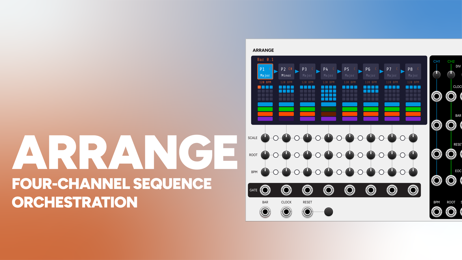 Arrange VCV Rack module panel, a song-form sequencer with eight phrases and four per-instrument clock buses