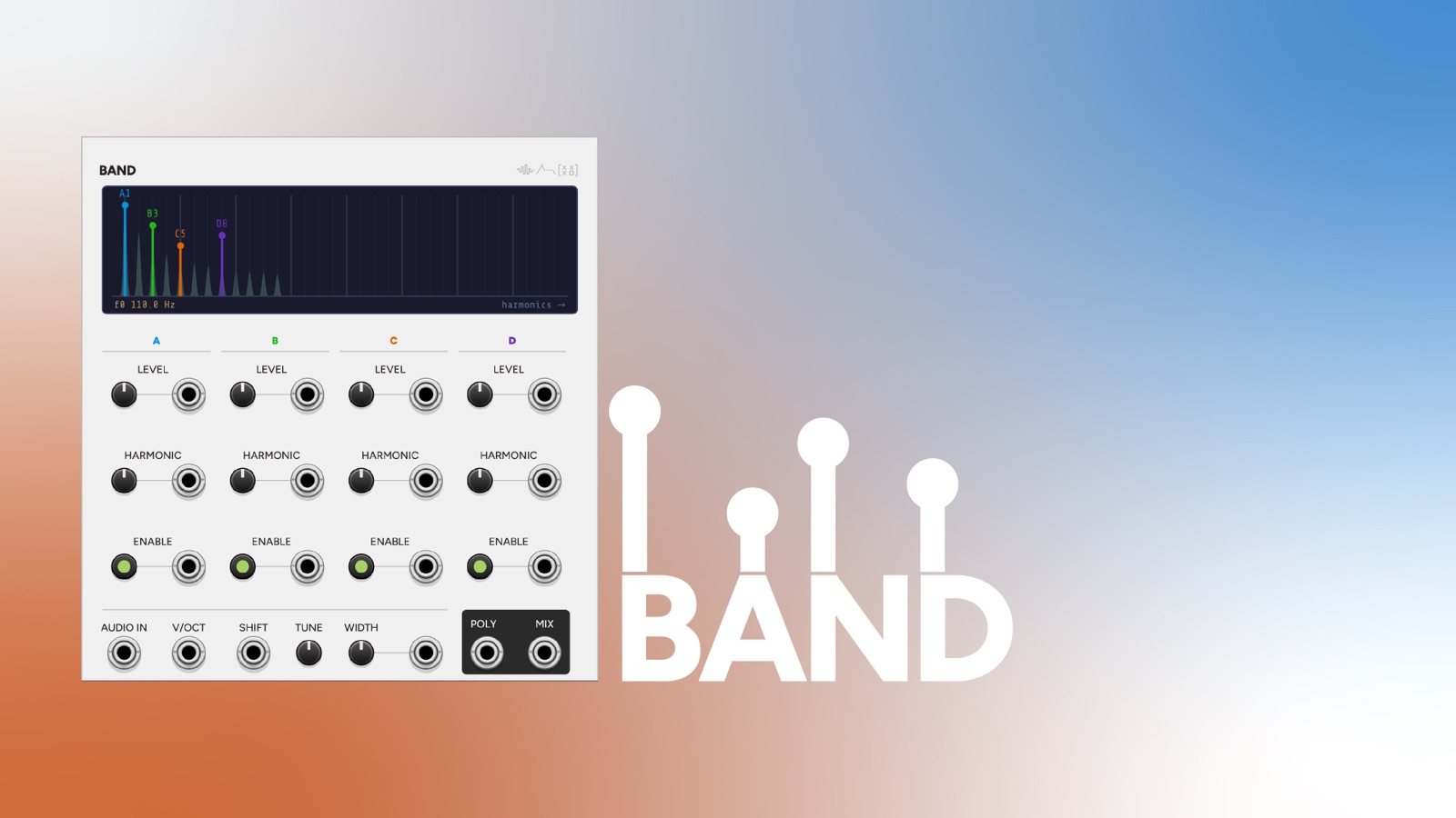 Band VCV Rack module panel: harmonic bandpass bank with four colored bands and a spectrum display