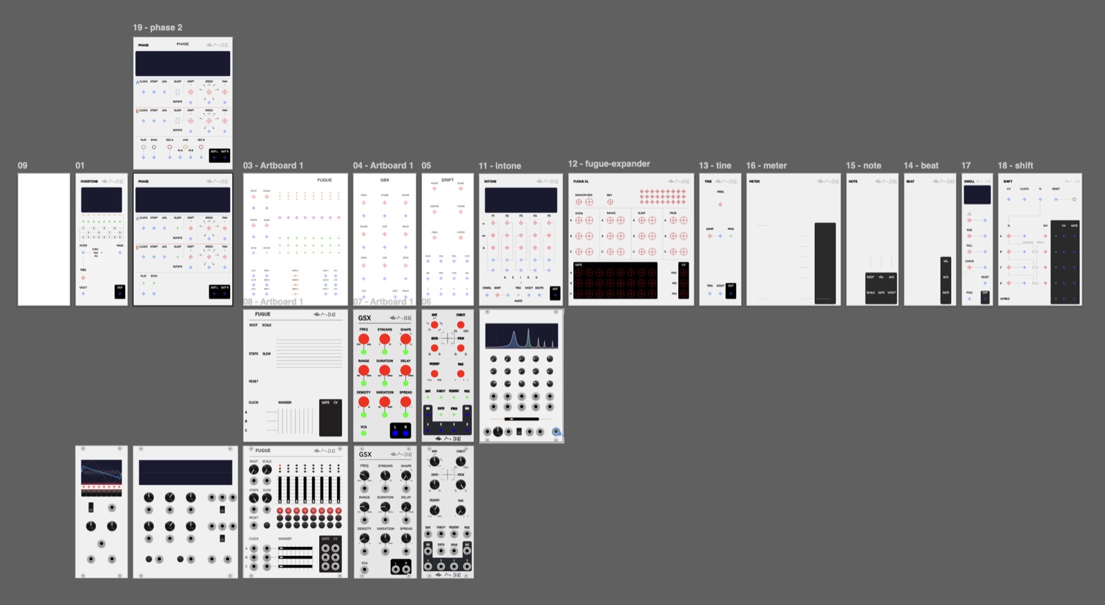 Adobe Illustrator template for VCV Rack panel design, with an HP-scaled grid and placeholder reticles for knobs, jacks, and buttons