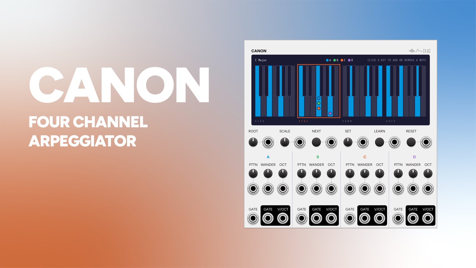 Canon title card: the module name over a four channel arpeggiator descriptor, with the panel alongside showing the chord keyboard and the four channel strips