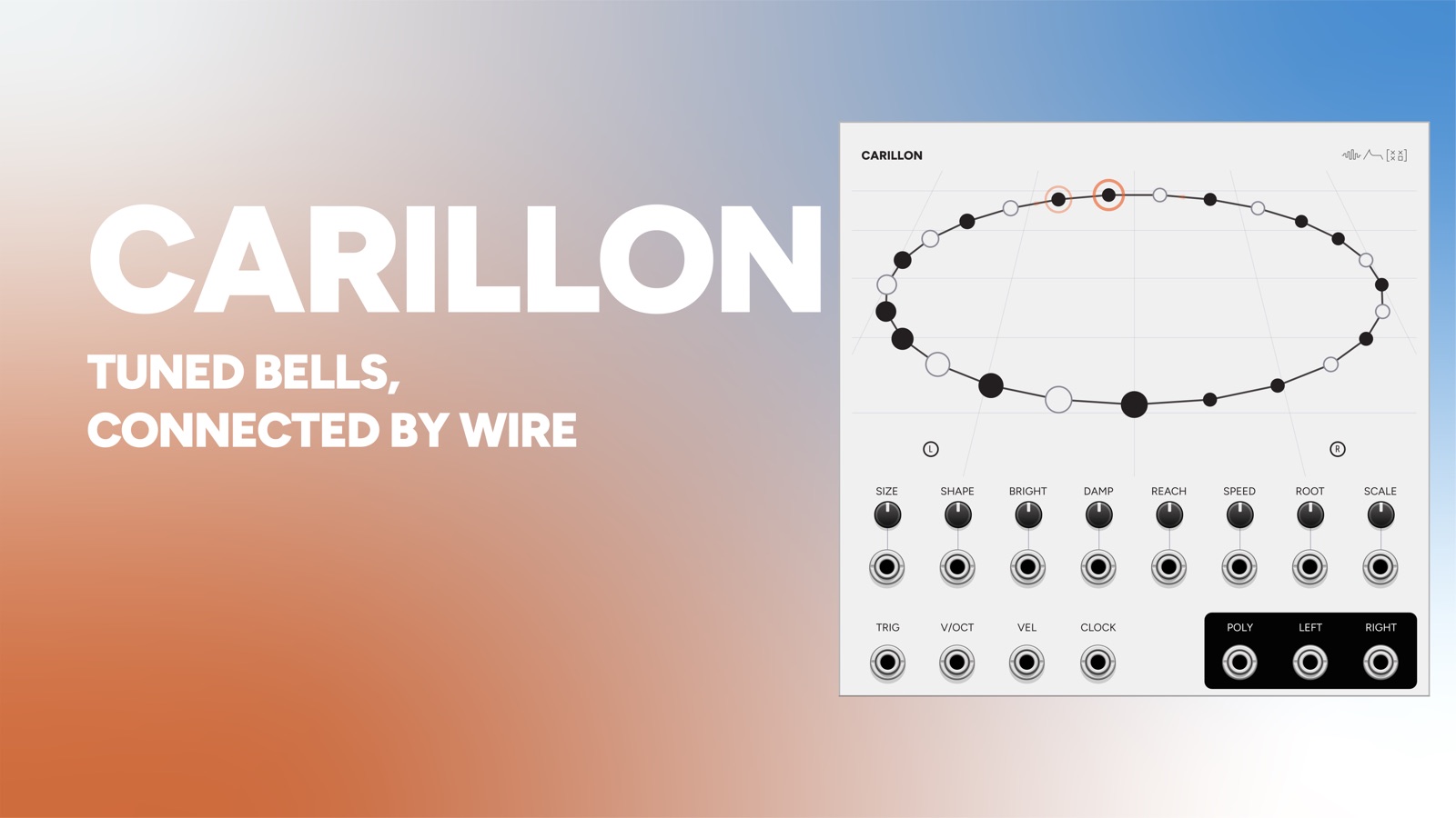 Carillon title card: the module name over the line tuned bells, connected by wire, with the panel alongside showing the ring of bells and the rods drawn between them