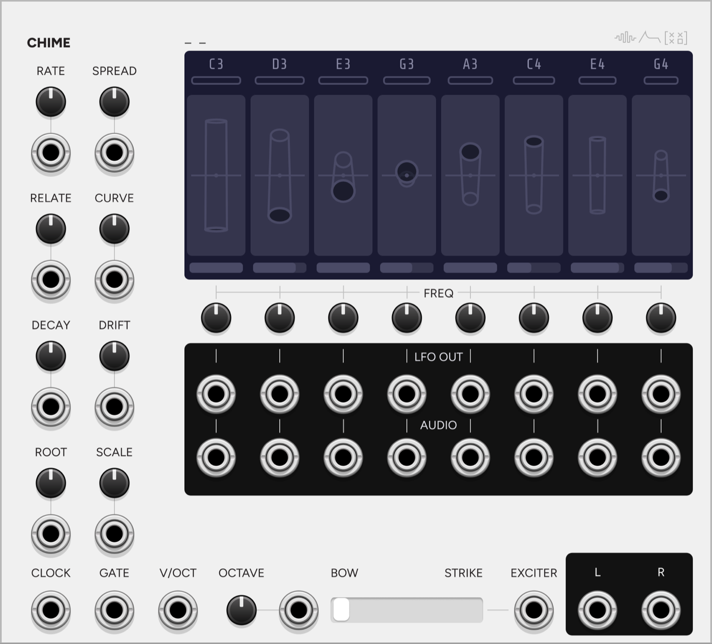 Chime VCV Rack module panel, an eight-note resonating drone machine