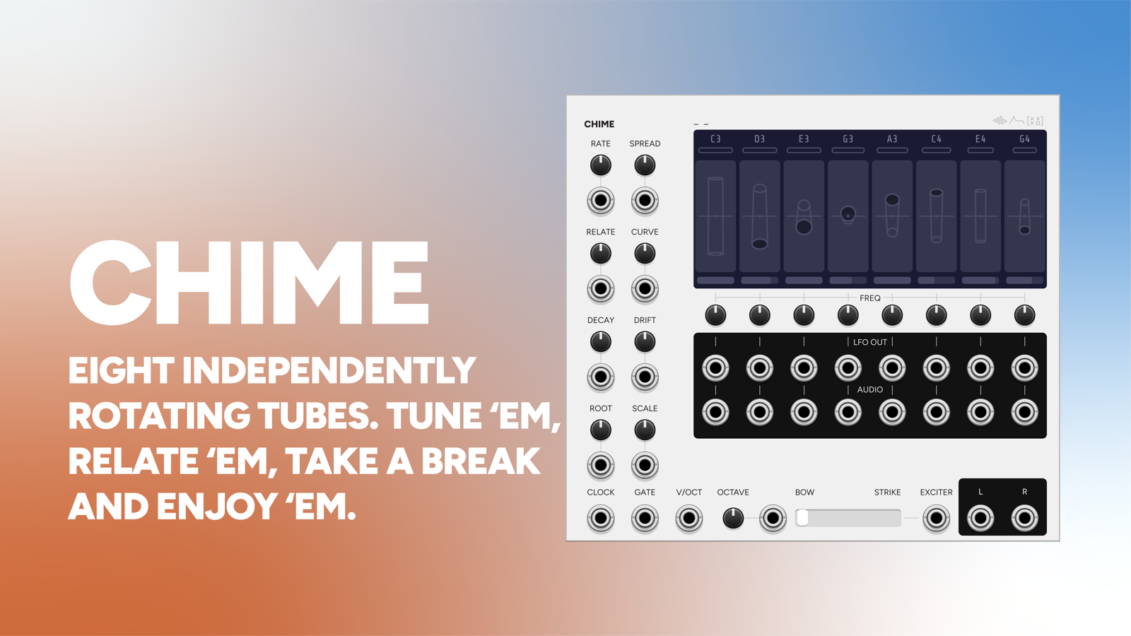 Chime VCV Rack module panel, an eight-note resonating drone machine