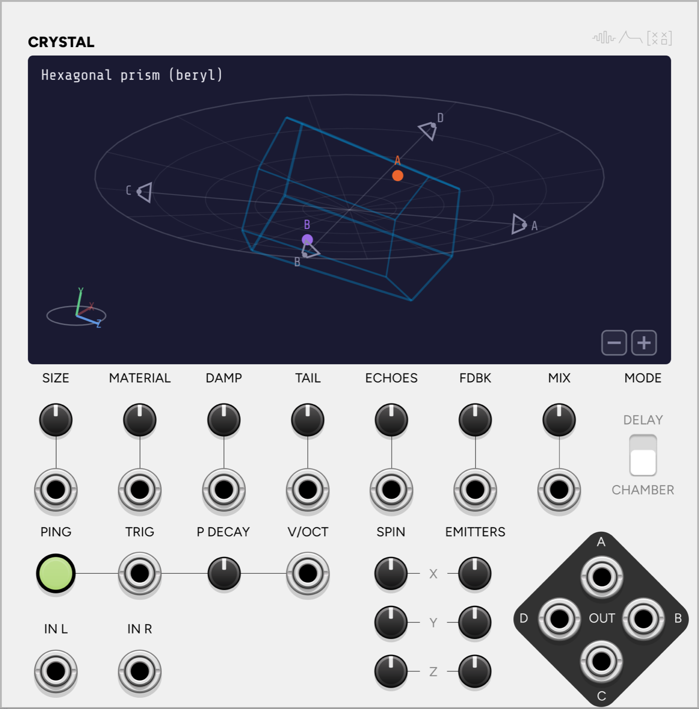 Crystal VCV Rack module panel, a 3D crystal echo chamber with quad outputs