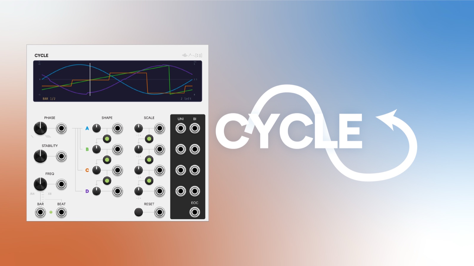Cycle VCV Rack module panel, a bar-synced quad LFO with four channels, morphing shapes, and clock and bar inputs