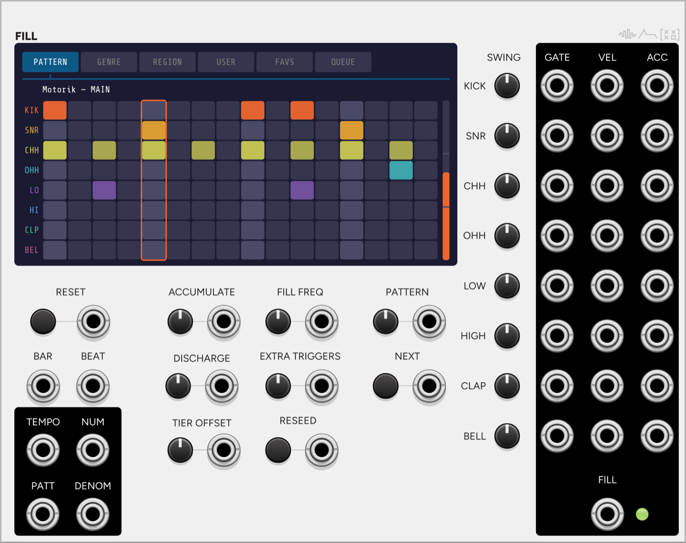 Fill VCV Rack module panel, an eight-channel self-playing drum machine