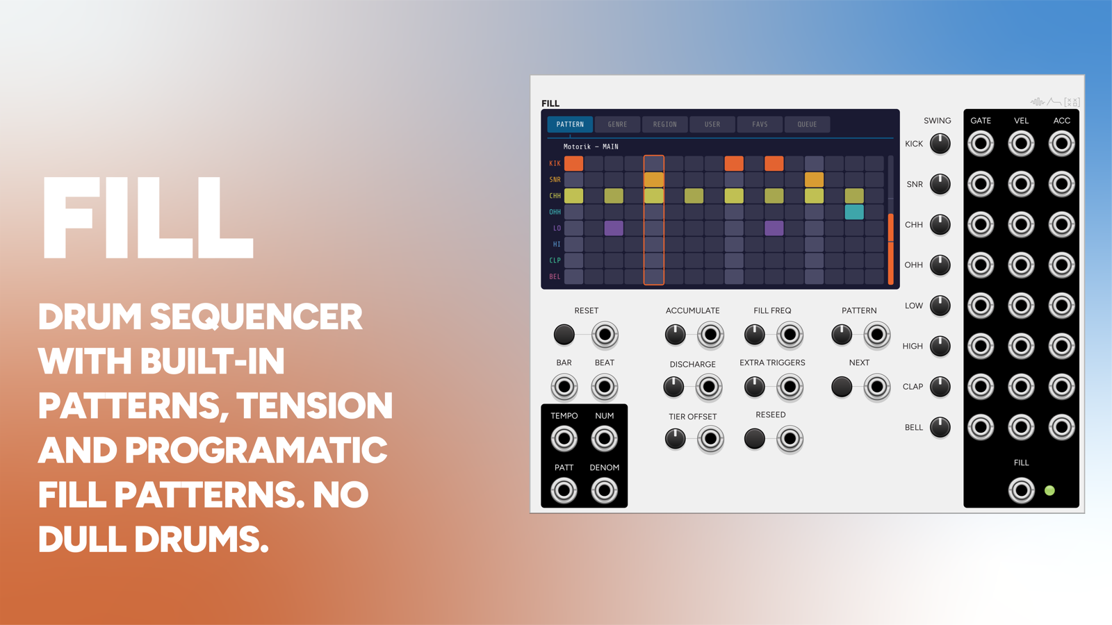 Fill VCV Rack module panel, a self-playing eight-channel drum machine