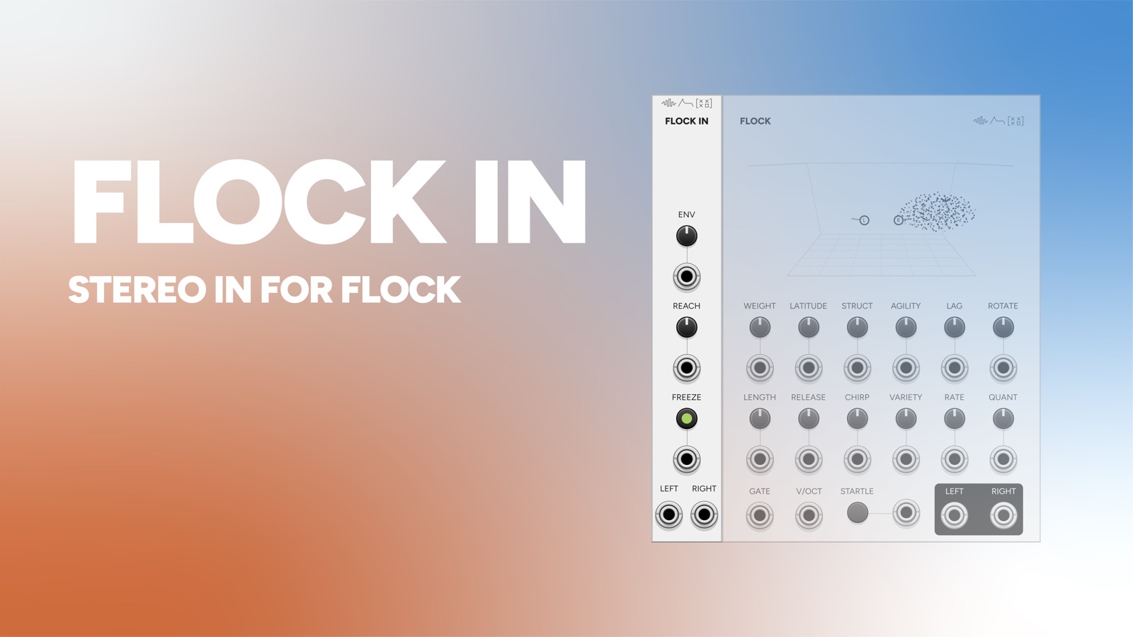 Flock In title card: the module name over a stereo in for Flock descriptor, with the narrow expander panel alongside a Flock