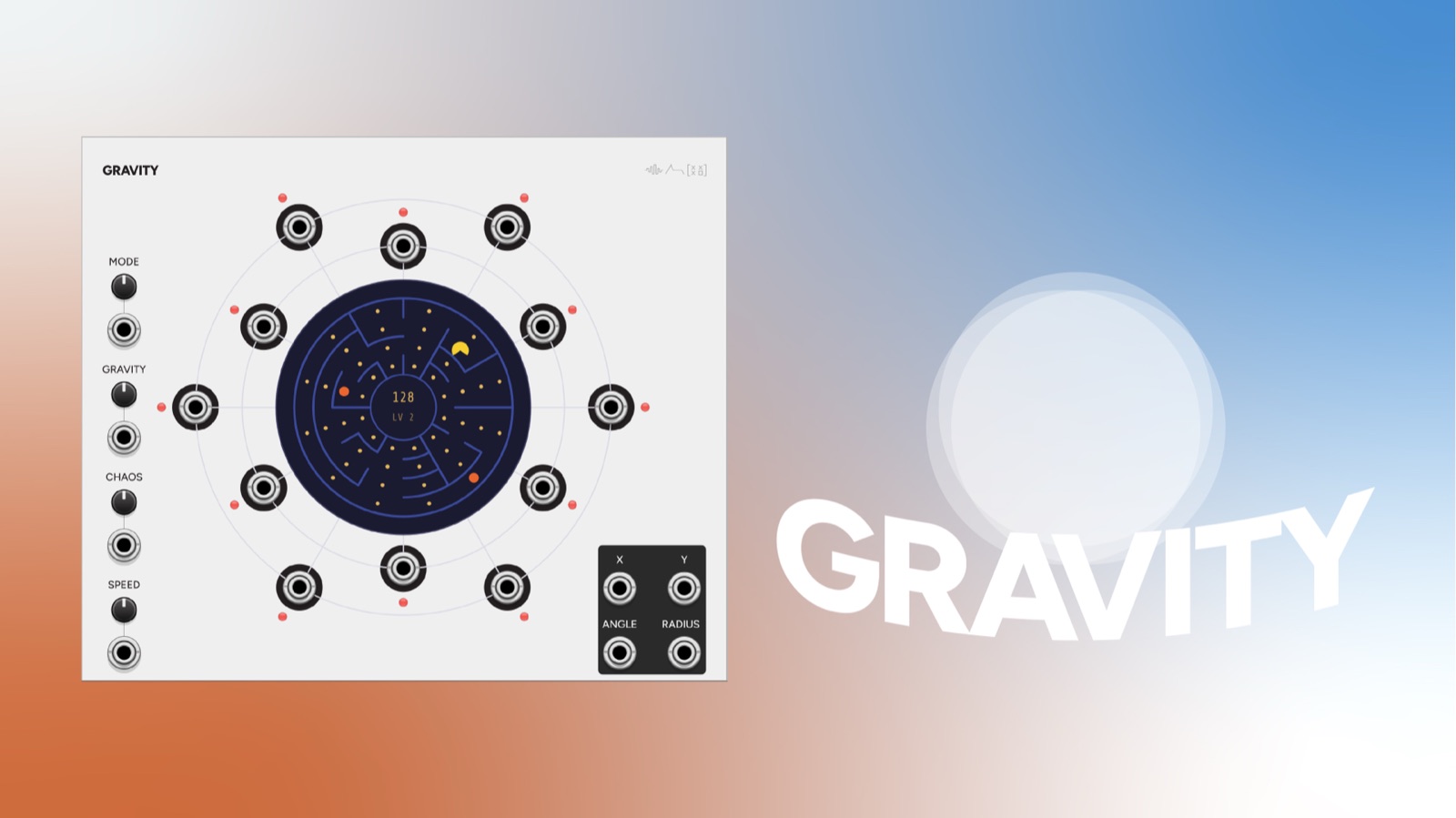 Gravity VCV Rack module panel: 30HP chaos and motion engine with a large circular display and a mandala of CV/gate jacks