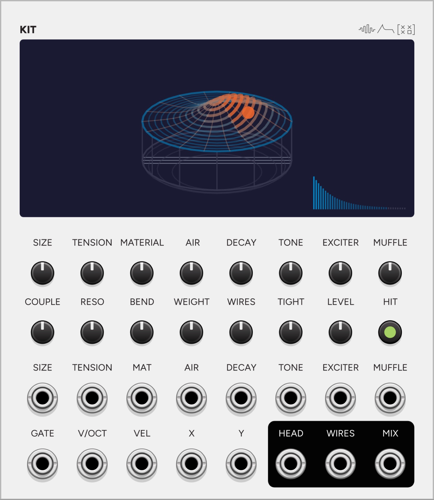 Kit VCV Rack module panel, a physically modelled drum with a drawn head you can strike with the mouse and four rows of trimpots