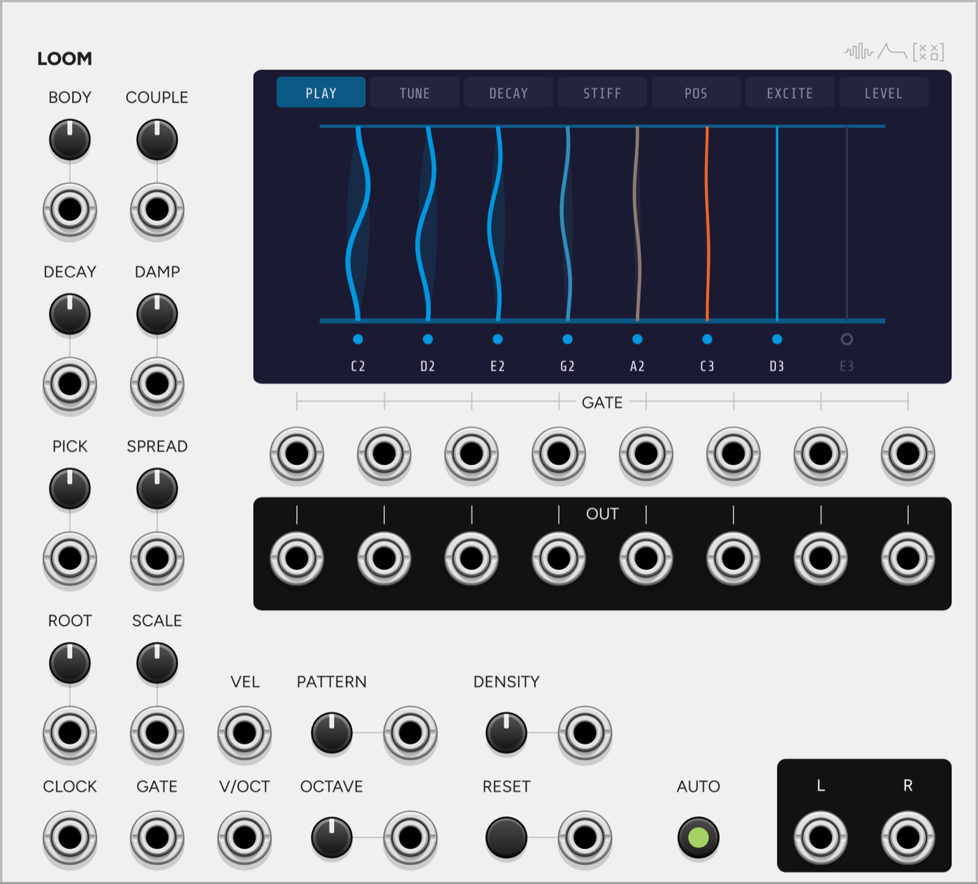 Loom VCV Rack module panel, an eight-string coupled physical model