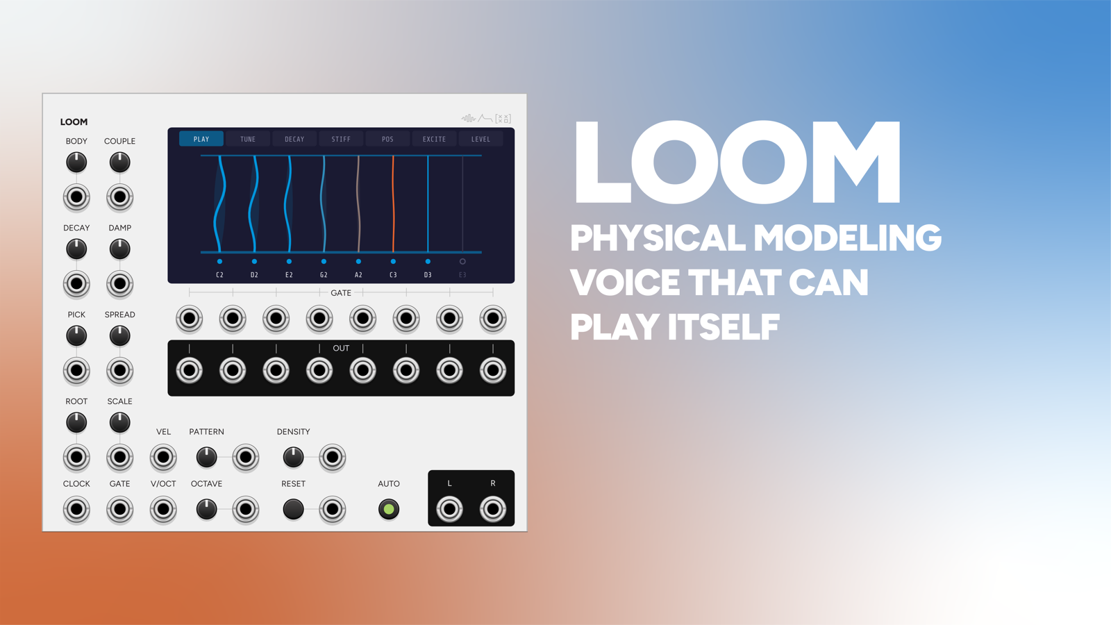 Loom VCV Rack module panel, a coupled eight-string physical model