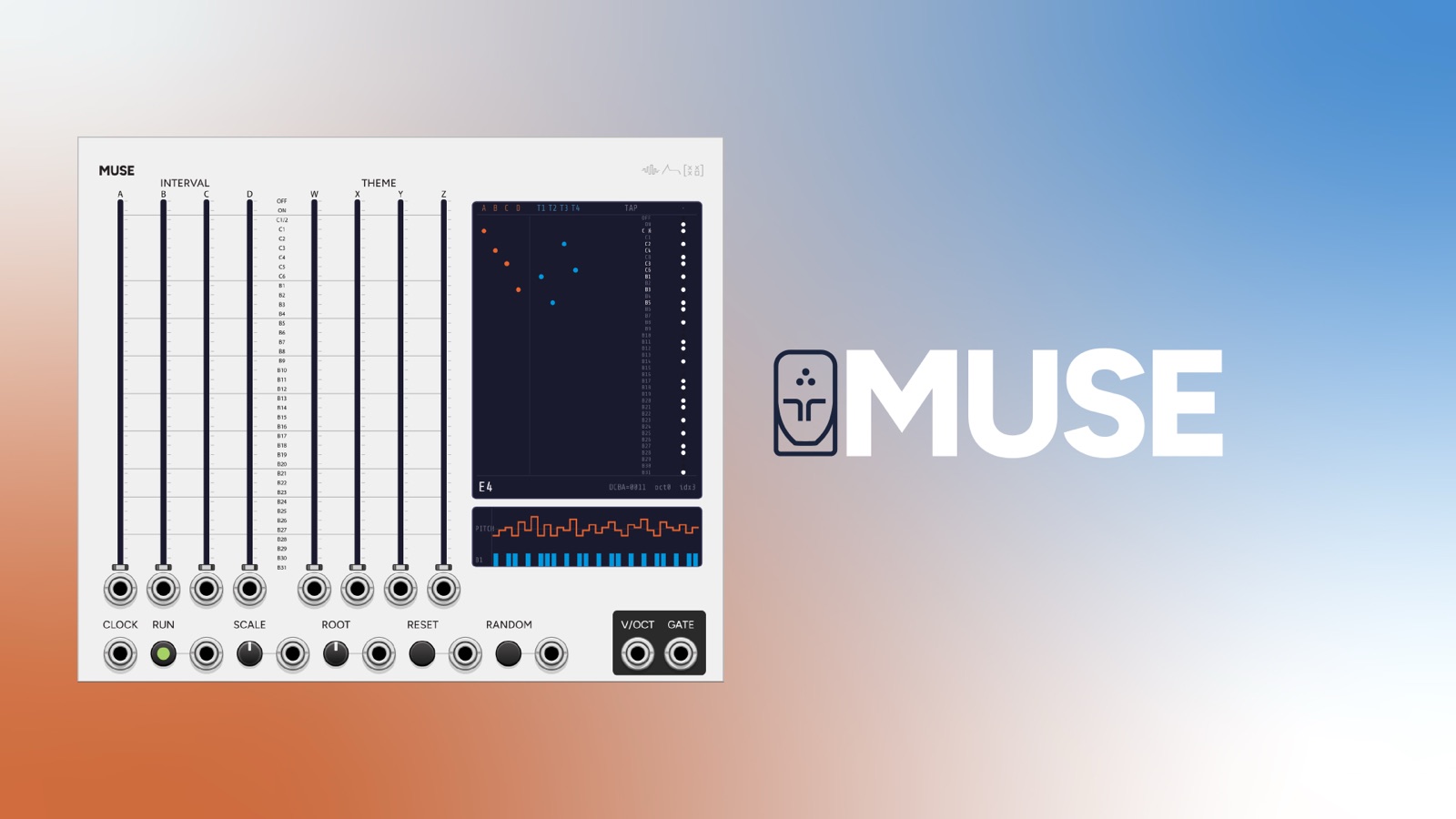 Muse VCV Rack module panel: recreation of the Triadex Muse with eight sliders and a tap-state LED column