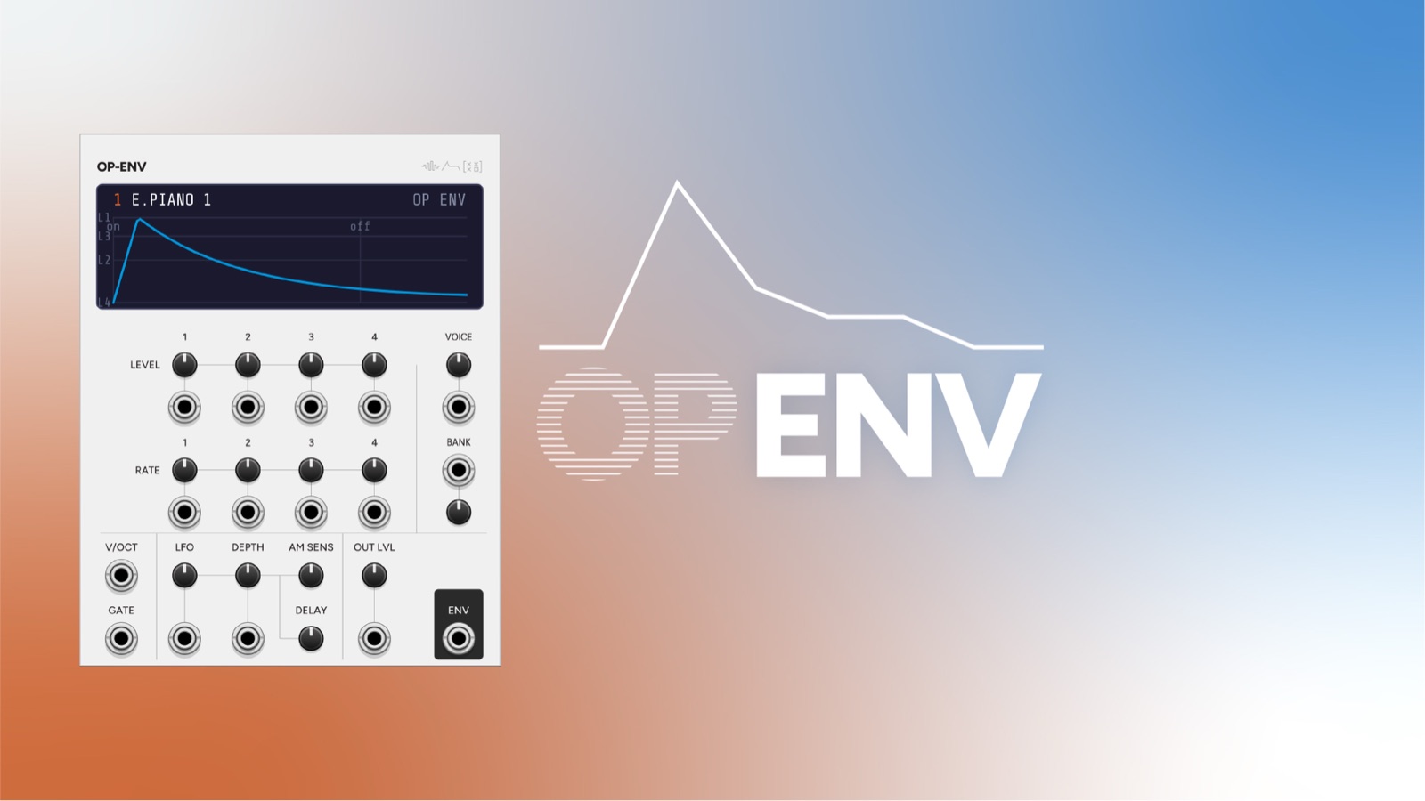 OP ENV VCV Rack module panel, a standalone DX7 operator envelope generator with per-stage rate and level offsets