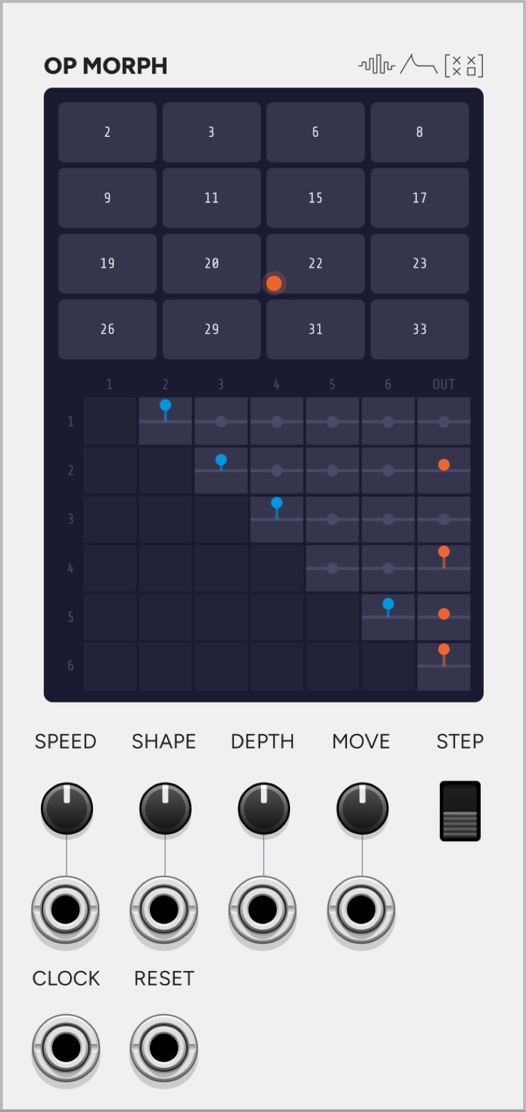 OP MORPH VCV Rack expander panel, the DX7 operator routing drawn as a matrix above a 4x4 field of algorithm slots
