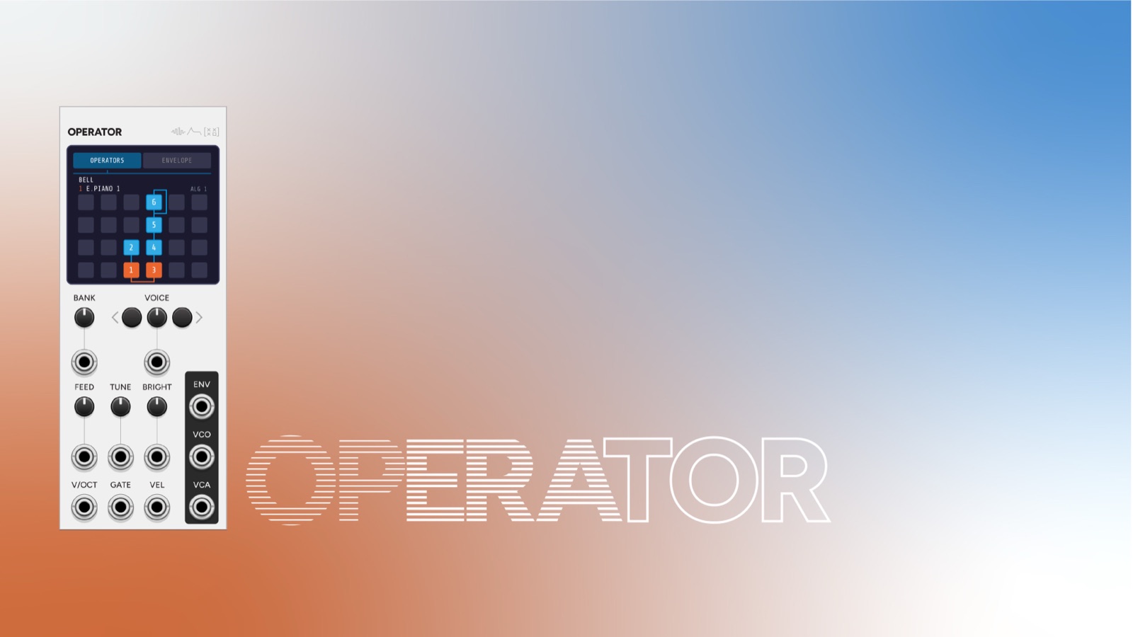 Operator VCV Rack module panel, a 6-operator DX7-style FM synth voice with voice selection and polyphonic output