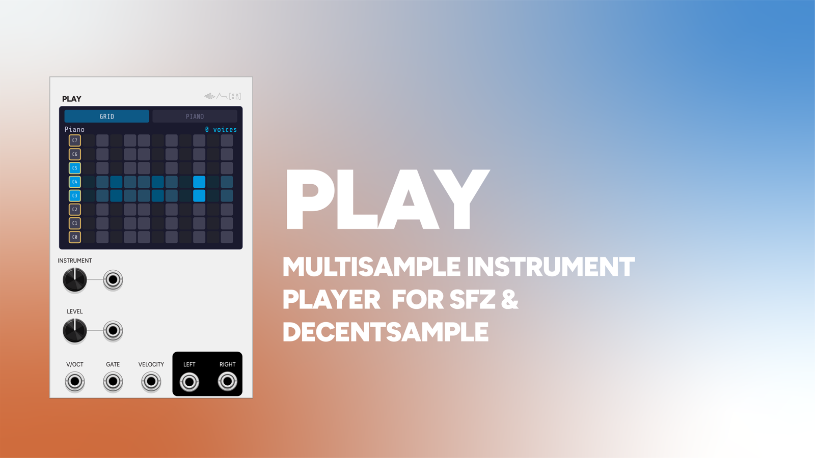 Play VCV Rack module panel, a polyphonic multisample player for .sfz and DecentSampler instruments