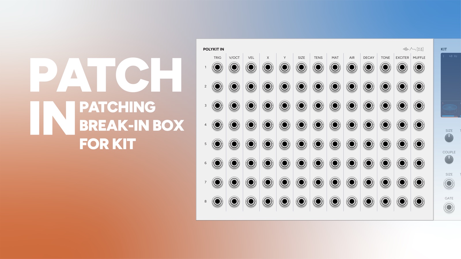 PolyKit In title card: the expander panel alongside a Kit, showing the matrix of thirteen input columns by eight instrument rows
