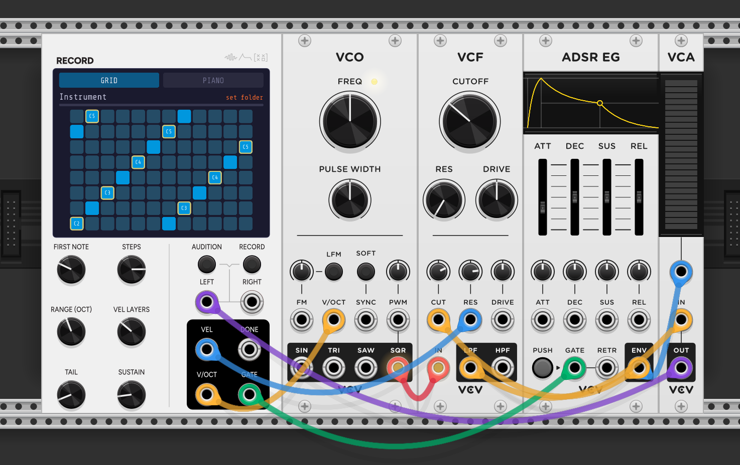 A VCV Rack patch: Record's V/OCT, GATE, and VEL outputs drive a VCO, ADSR, VCF, and VCA voice, whose VCA output returns to Record's LEFT input