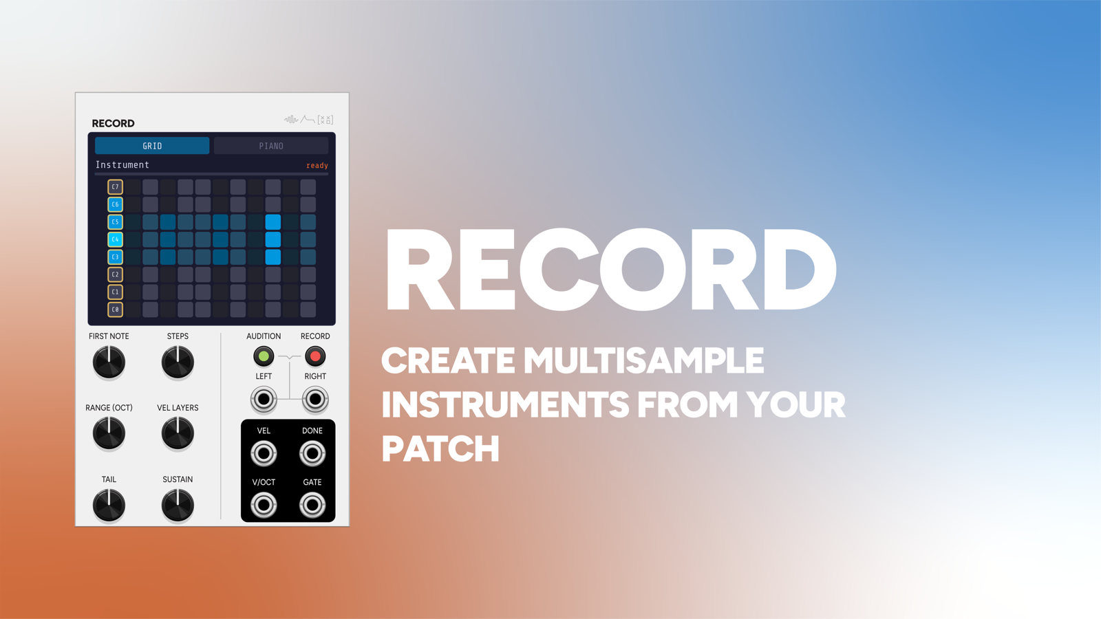 Record VCV Rack module panel, an auto-sampler that captures a voice across notes and velocities to an .sfz instrument