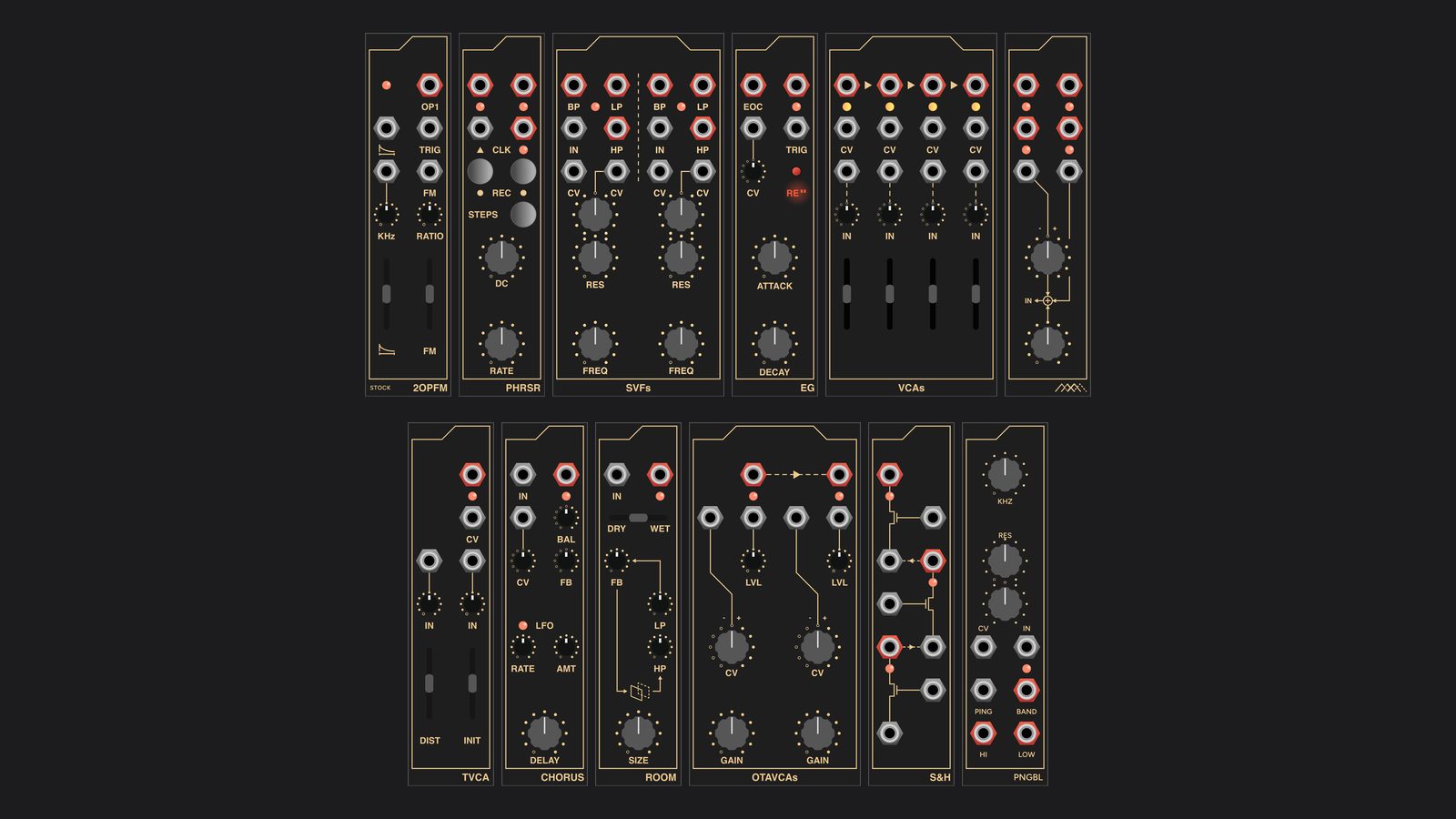 The twelve SFS Super VCV Rack panels in two rows: 2OPFM, PHRSR, SVFs, EG, VCAs, SCANNER, TVCA, CHORUS, ROOM, OTAVCAs, S&H and PNGBL, black with gold lettering