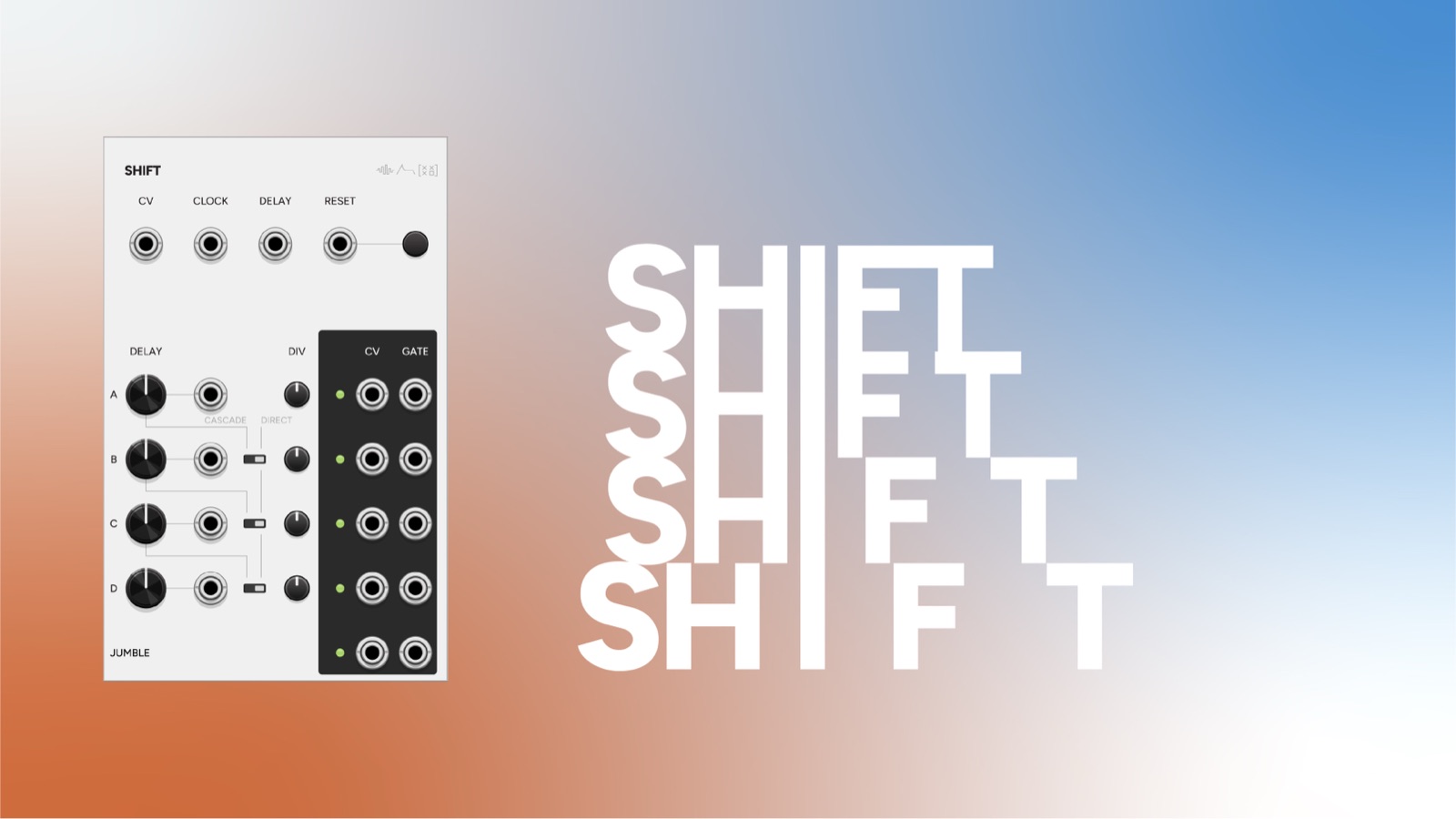 Shift VCV Rack module panel: 4-output CV shift register with per-lane delay, divider, and mode controls