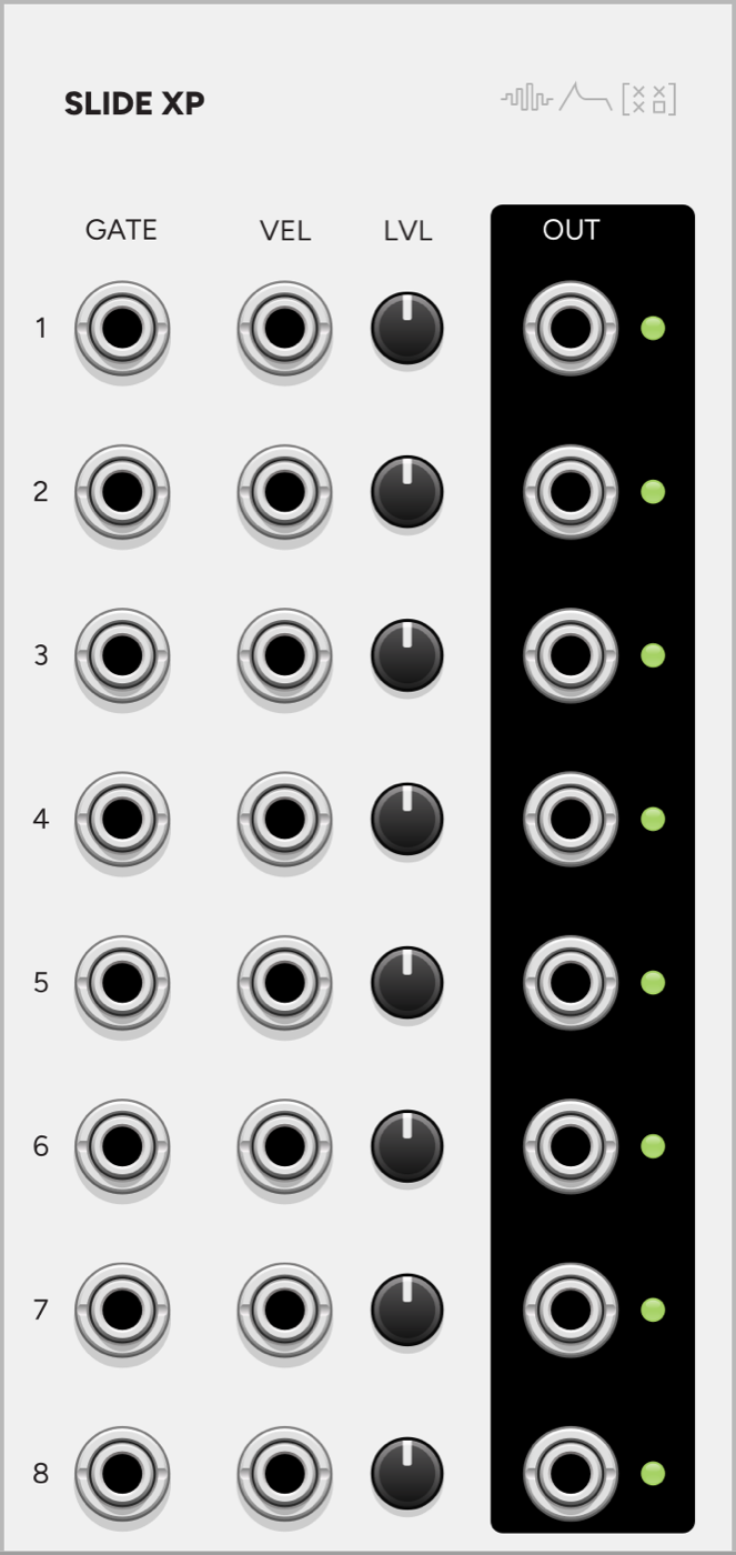 SLIDE XP VCV Rack expander panel, eight per-string jacks for Slide