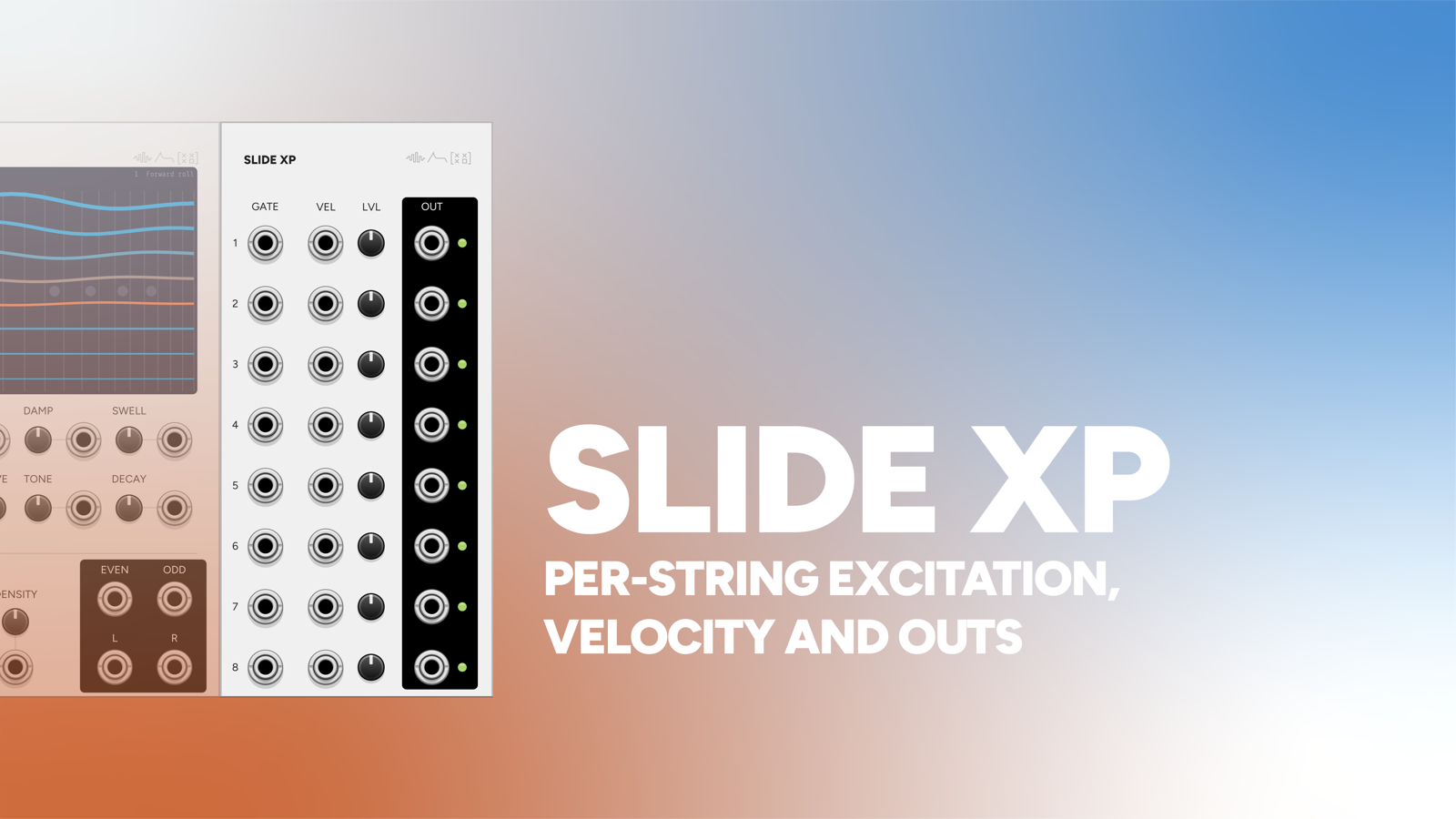 SLIDE XP VCV Rack expander panel, eight per-string jacks for Slide