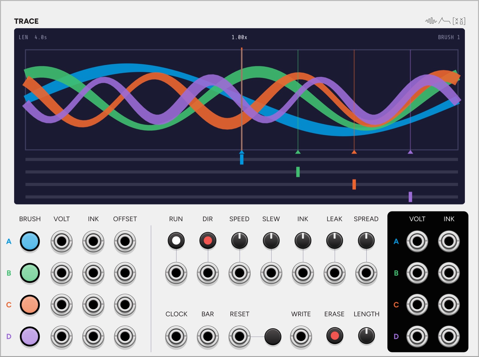 Trace VCV Rack module panel, a drawn CV sequencer showing four lanes of hand-drawn curves on a scrolling paper loop