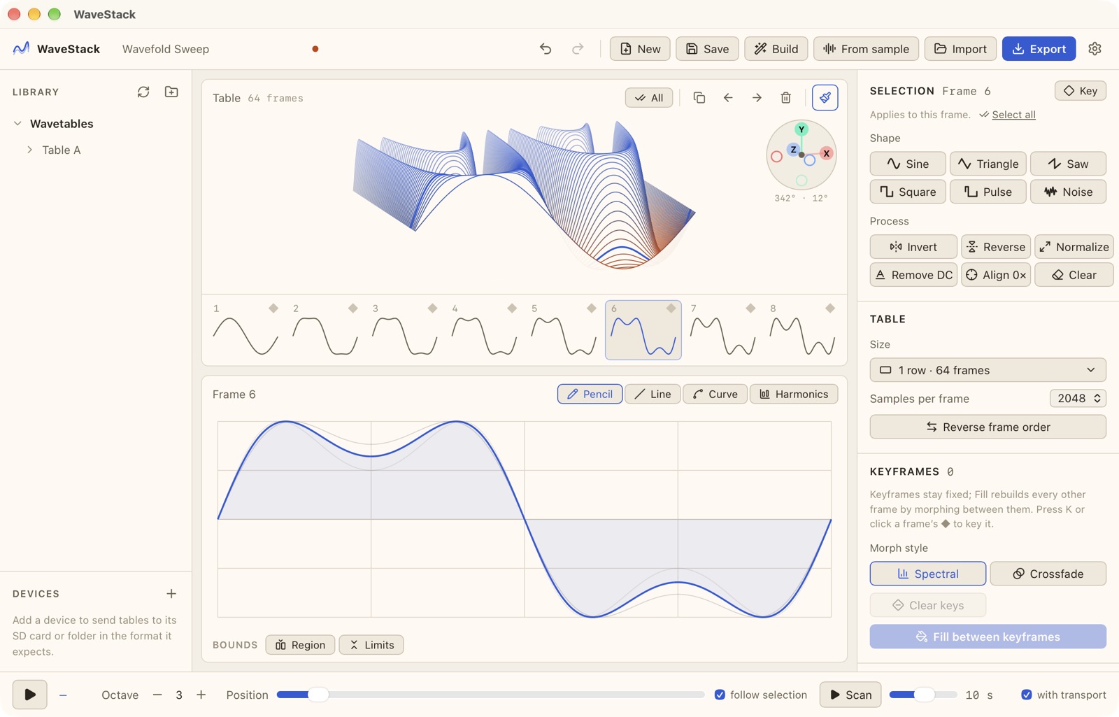 WaveStack desktop app screenshot showing a 3D wavetable view, the frame strip, and the frame editor with pencil, line, curve and harmonic tools
