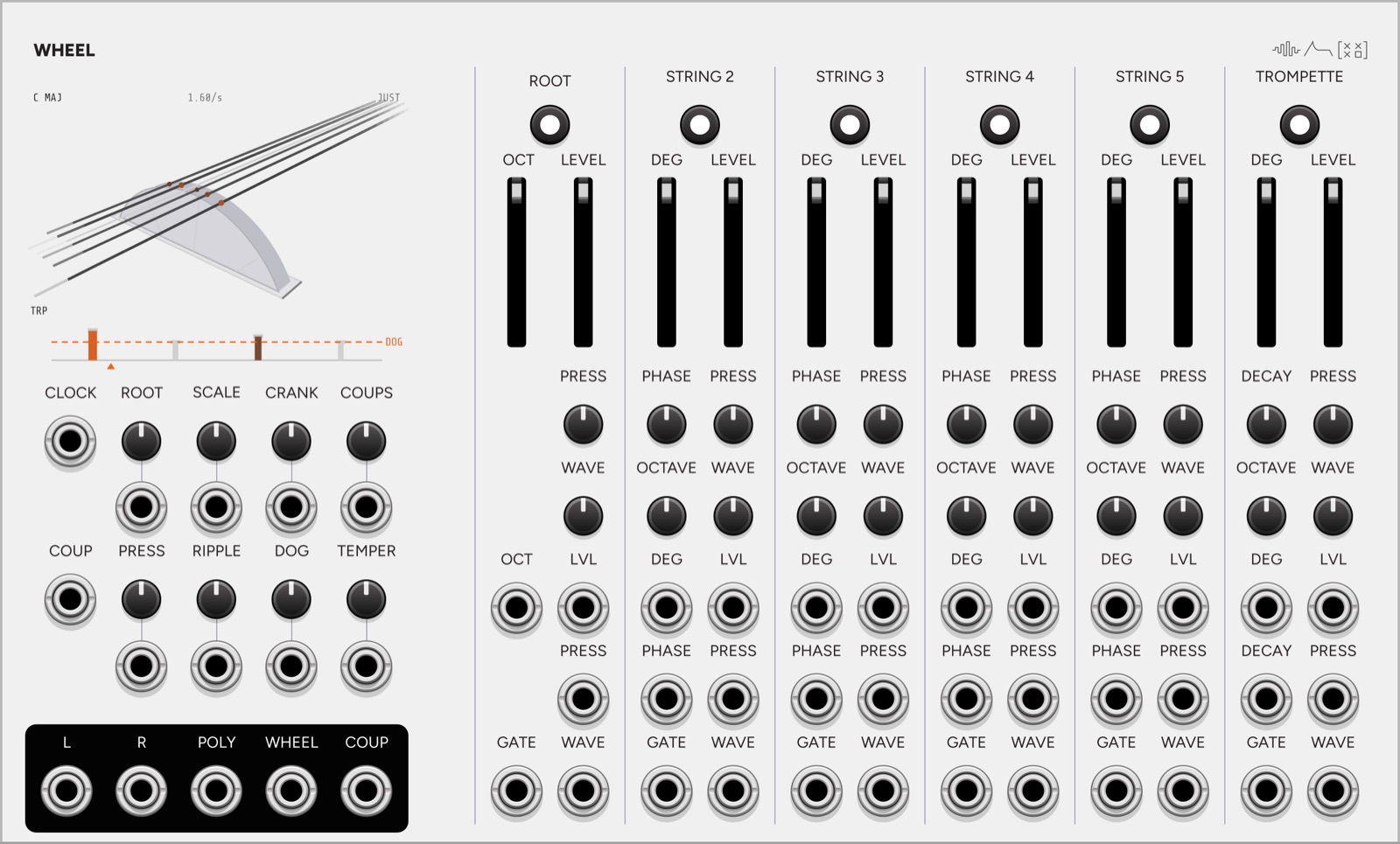 Wheel VCV Rack module panel, a hurdy-gurdy drone instrument with a perspective render of the wheel and six strings, and a stroke strip along the foot