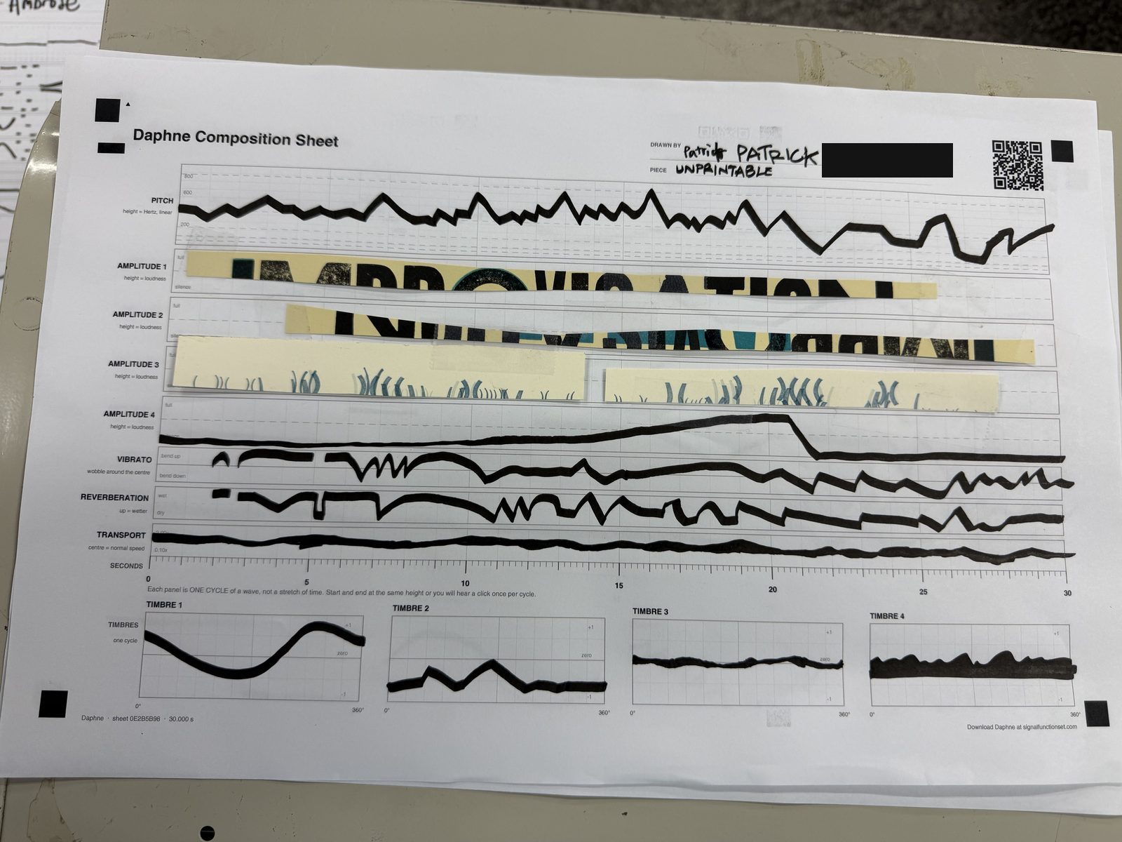 A composition sheet drawn by hand at the first workshop, with lines across the pitch, amplitude, vibrato, reverberation and transport lanes and four waveforms at the foot